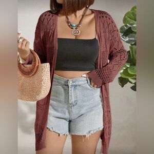 Rust Open-Knit Long Cardigan